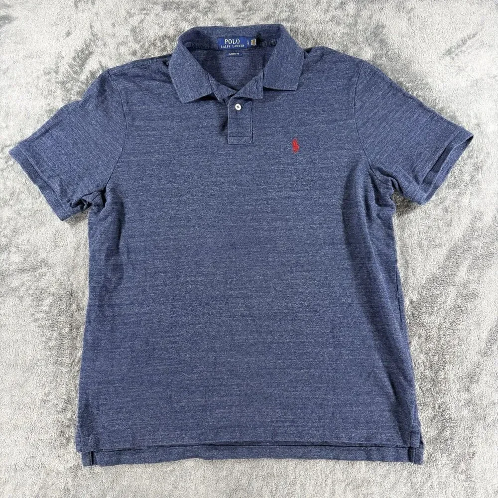 Polo Ralph Lauren Mens L Blue Heathered Classic Fit Short Sleeve Polo Red Pony